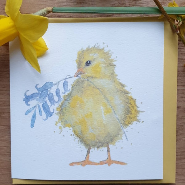 Chick card. Chick with a bluebell. Cute chick card. Easter chick card. Chicken card. Spring chicken