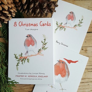 Cartes de Noël Robin. Deux motifs Robin présentés dans un lot de huit cartes et enveloppes. Cartes Robin. Carte d'oiseau britannique. Coffret cadeau Robin