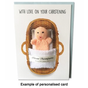 Personalised Christening Card with Hand Knitted Puppet and Blanket (With Blue Envelope)