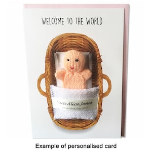 Personalised New Born Card with Hand Knitted Puppet and Blanket (With Pink Envelope)