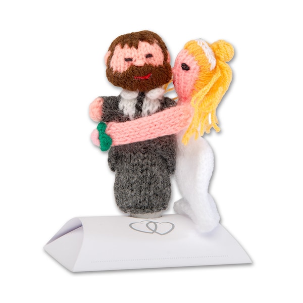 Hand knitted puppets wedding favour / cake topper to match the real life couple