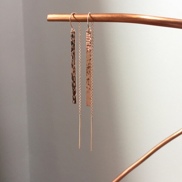 14K Solid Gold Hammered Bar Dangle Threader earrings