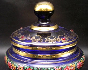 Italian Covered Trinket or Candy Bowl - Cobalt Blue Glass w Gold Accents