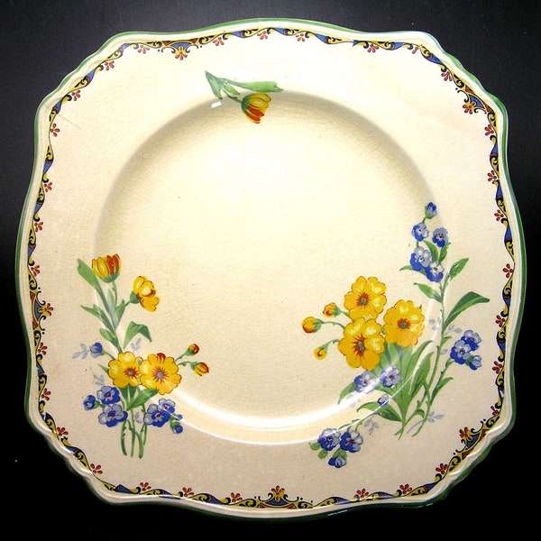 Decorative Royal Winton 8" Square Plate w Yellow & Blue Flowers