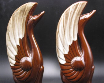 Pair Vintage Redware Pottery Stylized Swans - Brown with white drip
