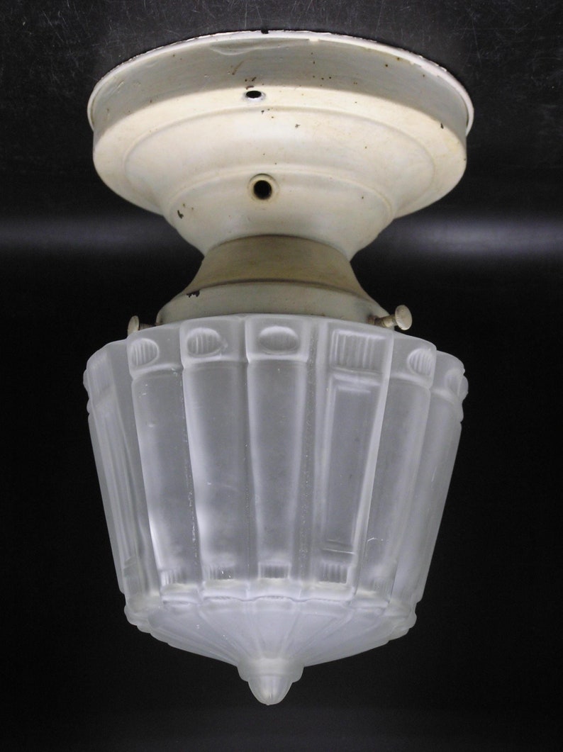 Antique  Vintage Flush Mount Ceiling Fixture w Frosted Art Deco Glass Shade