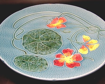 Antique Art Nouveau Majolica Nasturtium Plate by Zell of Germany