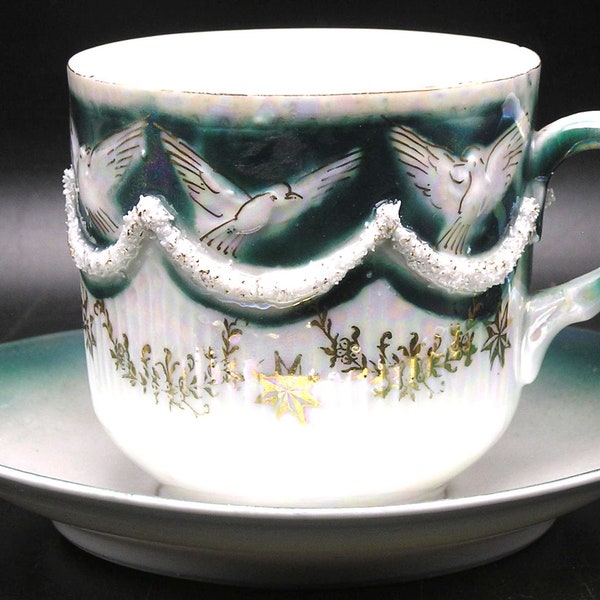 Antique German Teal and Pearl Lustre Cup / Saucer with 3 Doves and Crystaline Swags