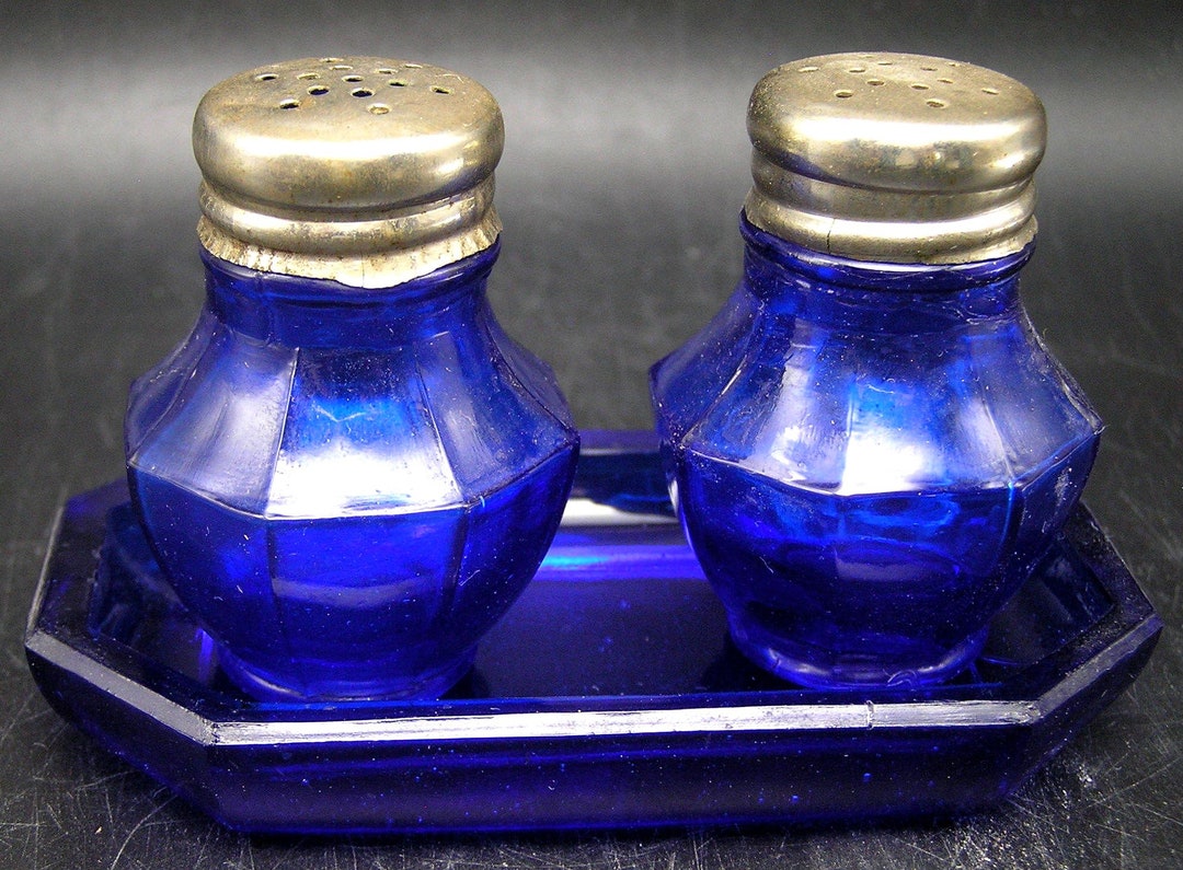 Cobalt Blue Glass Salt & Pepper Shaker Set W Tray Etsy