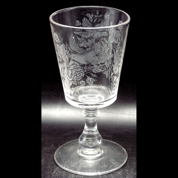 Antique 19th Century EAPG Acid Etched Water Goblet - Flying Birds, Cabbage Rose