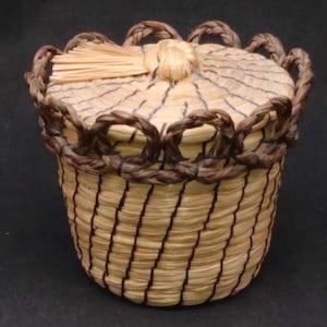 Può includere: Un piccolo cestino rotondo intrecciato con coperchio. Il cestino è realizzato in paglia color naturale con dettagli marrone scuro. Il coperchio ha un bordo decorativo e un piccolo nappa. Il cestino misura circa 10 cm di diametro e 7,6 cm di altezza.