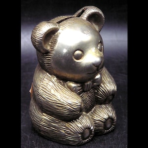 Vintage Cast Metal Sitting Teddy Bear Piggy Bank, 3.25&quot; High, No Stopper