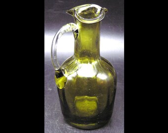 Vintage Hand-Blown Art Glass Pitcher, Avocado Green, Pontil, 5" Tall