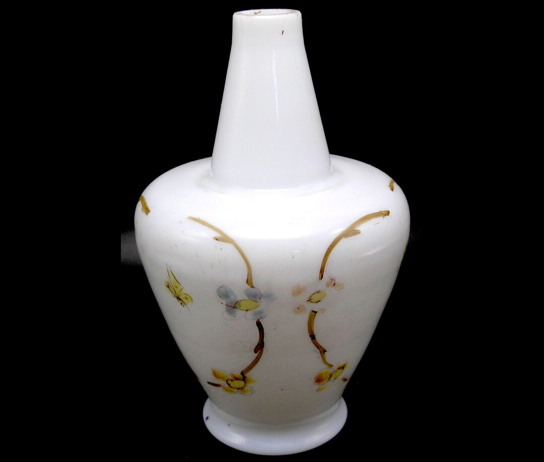 Antique Hand Painted Hand Blown Milk Glass Vase With Butterlies and