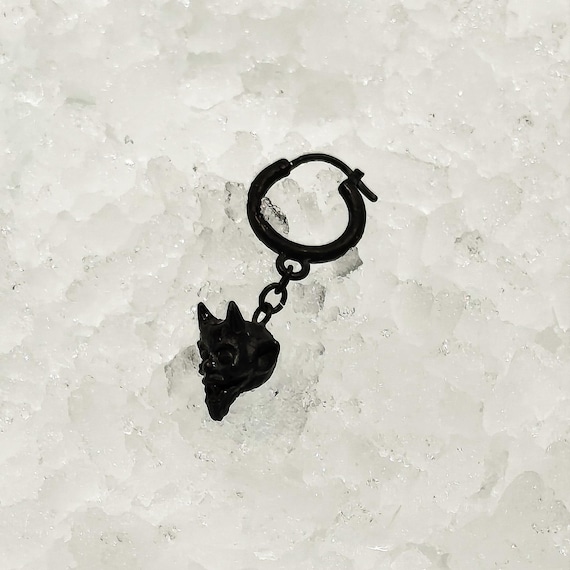 MALGRIM – Blackened Silver Demon Earring | 14mm Hoop | Handmade Brutalist Jewelry | Men’s Gothic Earring