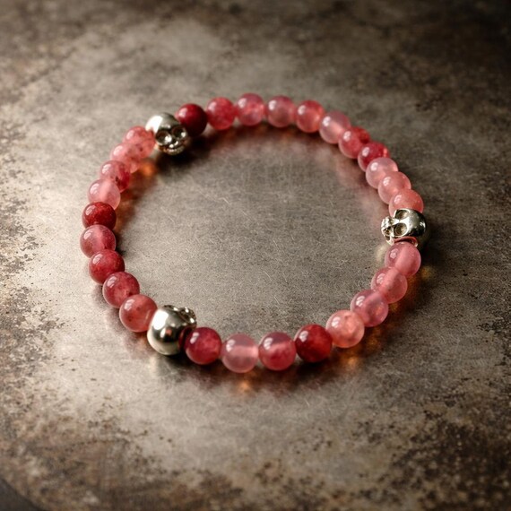 L’AMOUR ÉTERNEL – Bracelet in Pink Jade and Silver Skulls - Amulet and Protection Bracelet