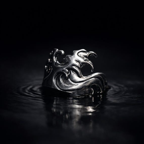 TSUNAMI - Adjustable Handcrafted Sterling Silver Men's Ring, Inspired by Japanese Tattoo Art, Hokusai Wave, Japanese Print