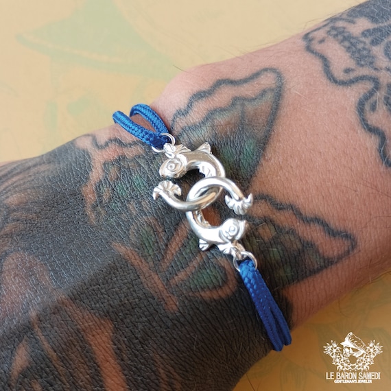 ÉTREINTE MARINE - Antique Silver Dolphins Bracelet with Nylon Cord - Handcrafted in Sète