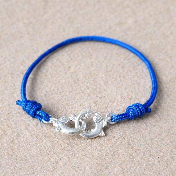 ÉTREINTE MARINE – Antique Dolphin Bracelet in Sterling Silver with Nylon Cord, Handmade Nautical Jewelry