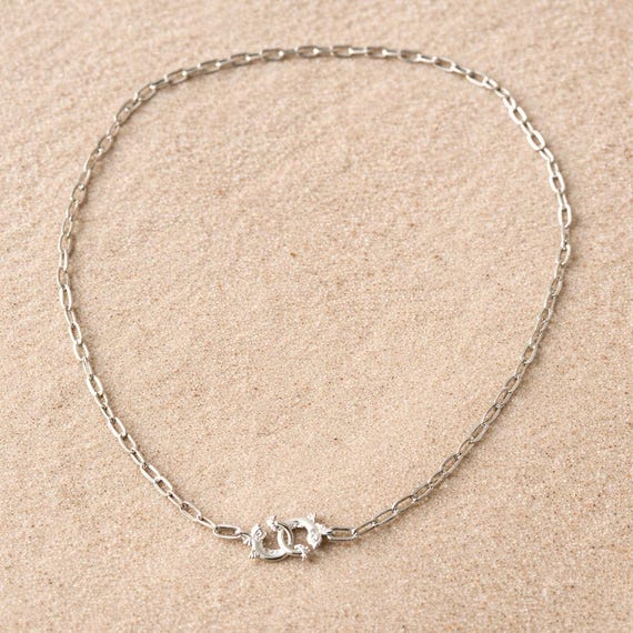 ÉTREINTE MARINE – Sterling Silver Dolphin Clasp Necklace with Rectangle Chain, Handmade Nautical Jewelry