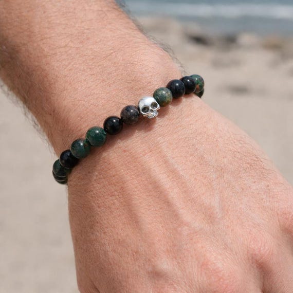 L’HARMONIE DES OMBRES – Moss Agate and Sterling Silver Skulls Bracelet - Amulet and Protection Bracelet