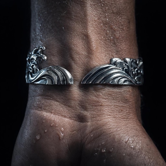 TSUNAMI - Handcrafted Sterling Silver Men's Bracelet, Inspired by Japanese Tattoo Art, Hokusai Wave, Japanese Print
