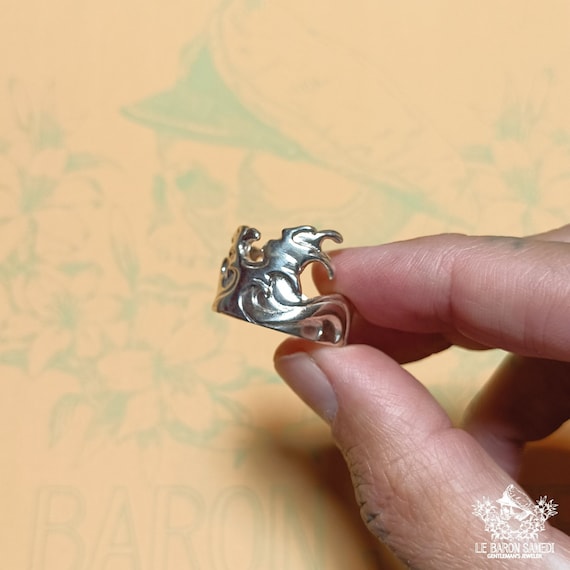 TSUNAMI - Adjustable Handcrafted Sterling Silver Men's Ring, Inspired by Japanese Tattoo Art, Hokusai Wave, Japanese Print