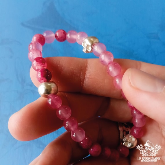 L’AMOUR ÉTERNEL – Bracelet in Pink Jade and Silver Skulls - Amulet and Protection Bracelet