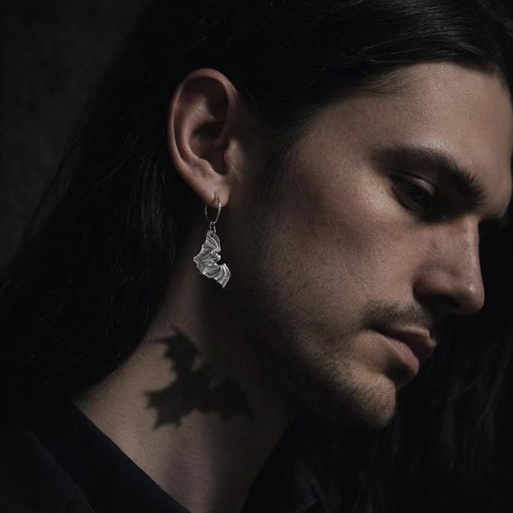 SOMBRE VOL – Sterling Silver Bat Hoop Earring, Handmade Gothic Talisman Jewelry