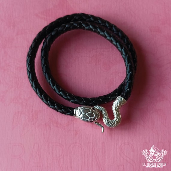 Ouroboros Men's 925 Sterling Silver Black Fake Leather Snake Biting Its Tail Necklace