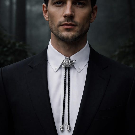 LOUP ALFA – Sterling Silver Wolf Head Bolo Tie with Braided Faux Leather Cord, Western Handmade Jewelry for Men