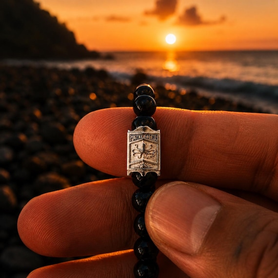 POUFRE SOLEIL – Natural Stone Bead Bracelet with Sterling Silver Shield, Inspired by the Legends of Sète, Marine Talisman - Le Baron Samedi