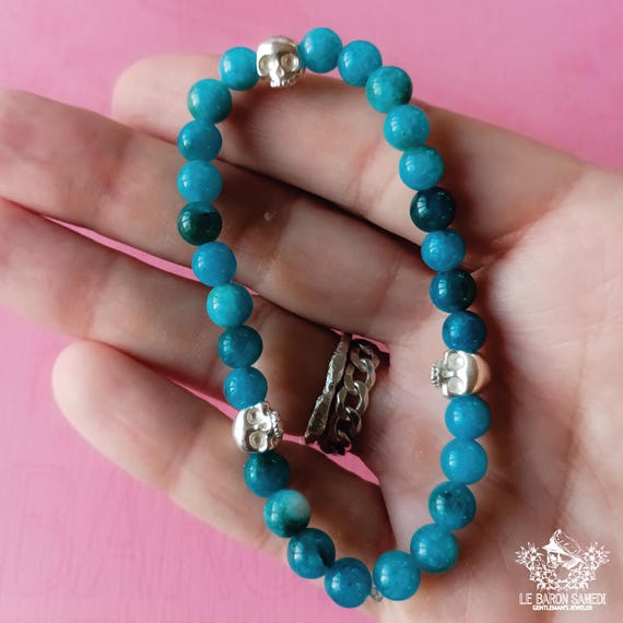 L'ECHO ETERNEL – Blue Apatite and Sterling Silver Skulls Bracelet - Amulet and Protection Bracelet
