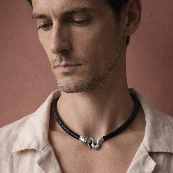 Ouroboros Men's 925 Sterling Silver Black Fake Leather Snake Biting Its Tail Necklace