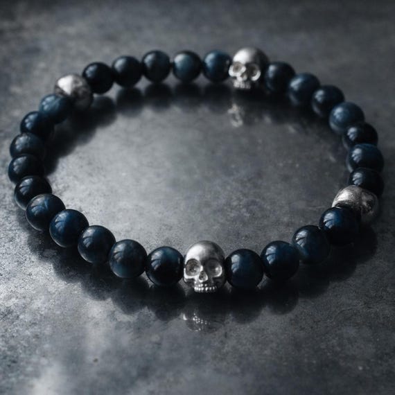 L’ŒIL ET L’ÉTERNEL – Blue Tiger's Eye and Sterling Silver Skull Bracelet - Amulet of Protection