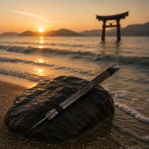 Könnte beinhalten: Ein Metall-Kalligraphiestift mit dekorativem Griff liegt auf einem dunklen Felsen am Wasser. Der Stift ist vor dem Hintergrund eines Sonnenuntergangs über dem Meer platziert, mit einem traditionellen japanischen Torii-Tor im Hintergrund.