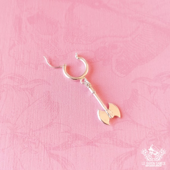STRENGTH and PRIDE: Silver earring, Creole type with pendant in the shape of a double silver ax