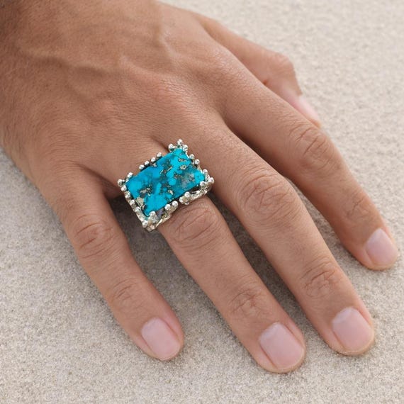 RECIF AZUR  - Silver Ring with Rectangular Persian Turquoise Cabochon, Inspired by Coral Reefs - Unique Piece