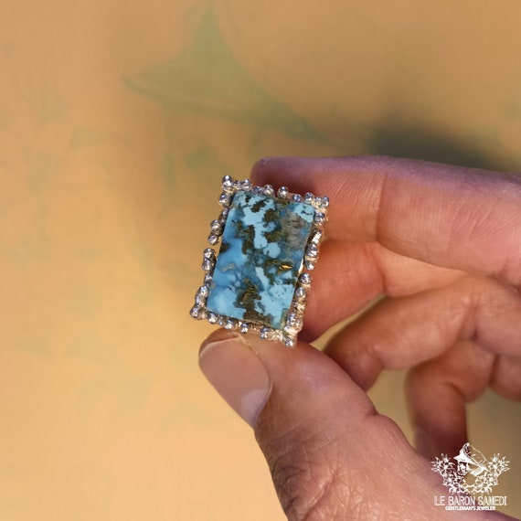 RECIF AZUR  - Silver Ring with Rectangular Persian Turquoise Cabochon, Inspired by Coral Reefs - Unique Piece