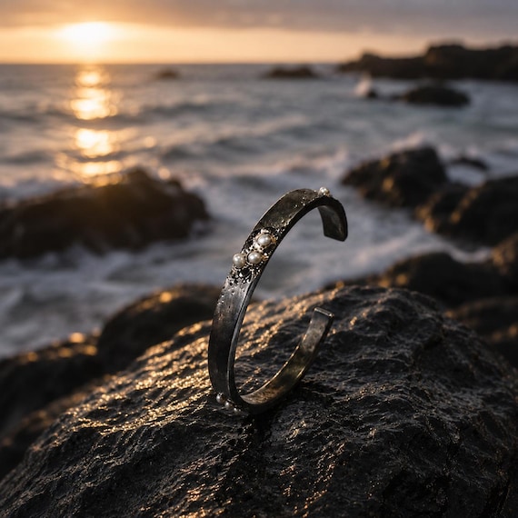 SHIOMI - Oxidized 925 Sterling Silver Bracelet with Natural Pearls - Marine Relic Inspired by Japanese Folklore