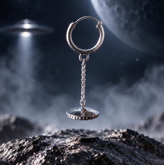 SIGHTING - 925 Sterling Silver Hoop Earring with White Synthetic Opal - Flying Saucer Inspired by UFO Sightings
