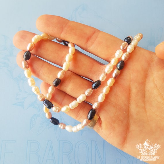 PEARL - Men's natural freshwater pearl necklace, silk cord and silver clasp