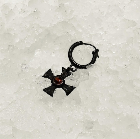 HELMAR – Blackened Silver Cross Earring - Garnet or Onyx - 14mm Hoop - Handmade Brutalist Men’s Jewelry