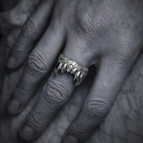 CROCS ÉTERNELS – Sterling Silver Vampire Fangs Ring with Brushed Gums, Handmade Gothic Jewelry
