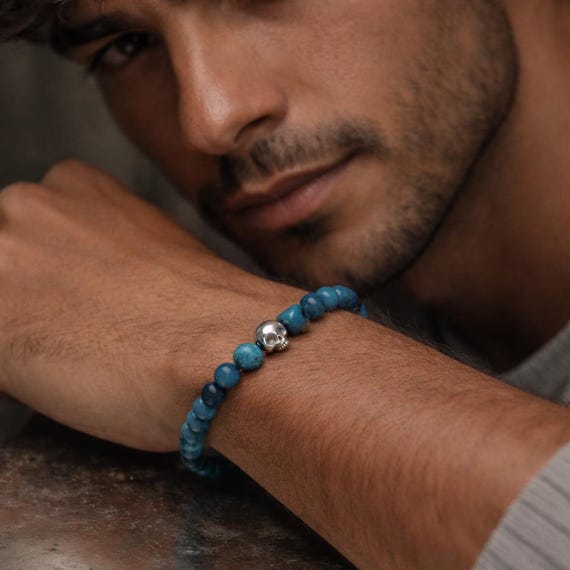 L'ECHO ETERNEL – Blue Apatite and Sterling Silver Skulls Bracelet - Amulet and Protection Bracelet