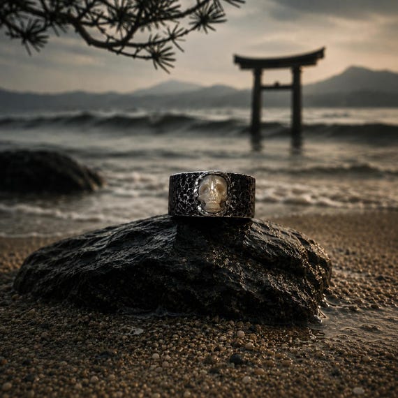 YŪREI - Oxidized 925 Sterling Silver Ring with Skull Carved Pearl - Japanese Marine Relic Ring