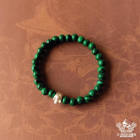 L’ÉQUILIBRE DES AMES – Bracelet in Malachite and Silver Skulls - Amulet and Protection Bracelet