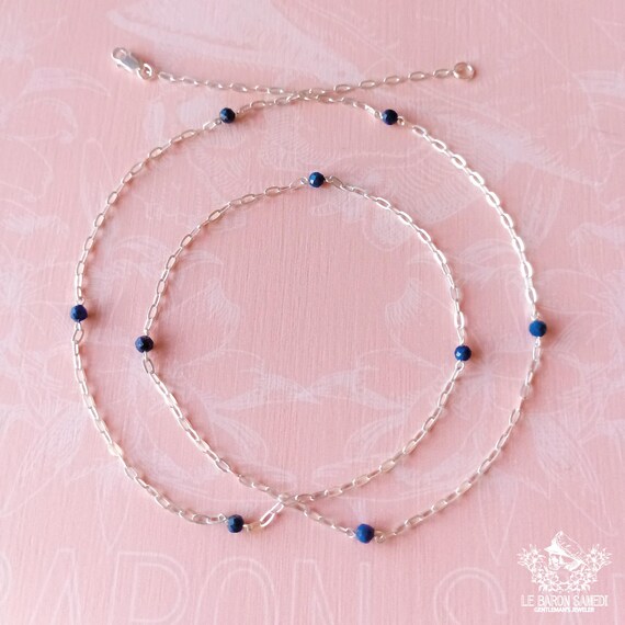 REFLETS DE MINUIT – Fine Sterling Silver Chain and Faceted Lapis Lazuli Beads – Talisman, Protection
