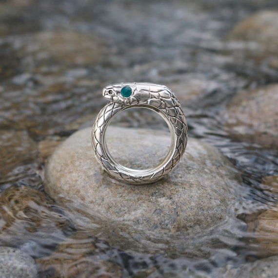 OUROBOROS – Sterling Silver Snake Ring, Symbol of Eternity and Renewal, Customizable Enamel Eyes