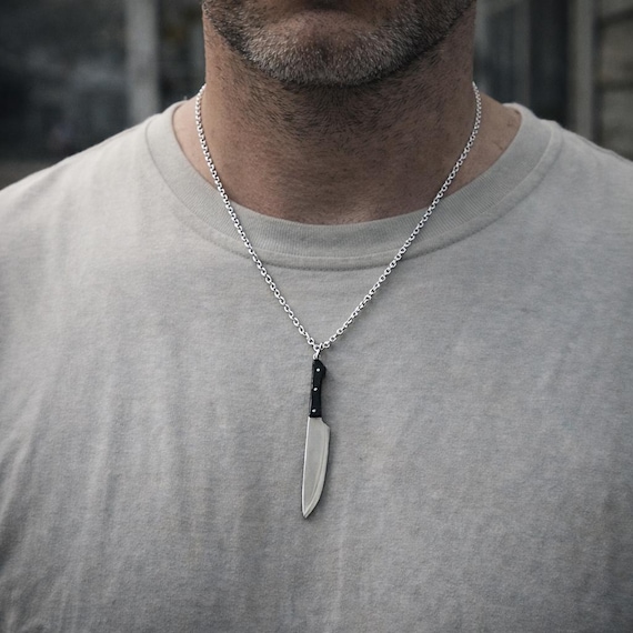 HALLOWEEN – Sterling Silver Knife Pendant Necklace with Antelope Horn Handle, Inspired by Michael Myers Horror Movie